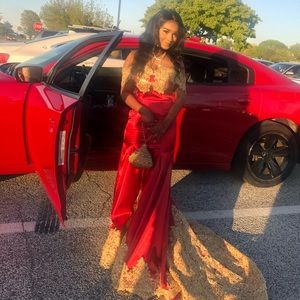 Satin red gold lace Prom Dress/Wedding Dress